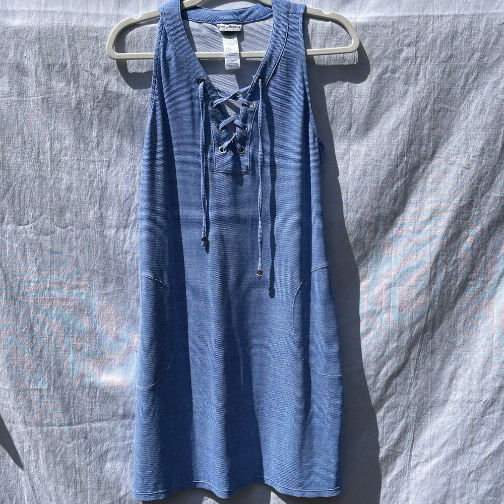 Tommy Bahama Blue Lace-Up Sleeveless Shift Dress Size M Textured Pockets